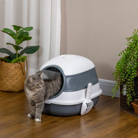 Maison de toilette pour chat grise et blanche, vue d'ensemble