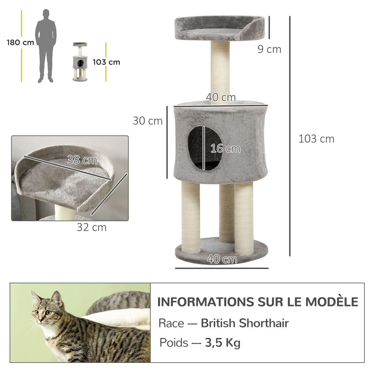 Griffoir arbre à chat sisal naturel, vue d'ensemble