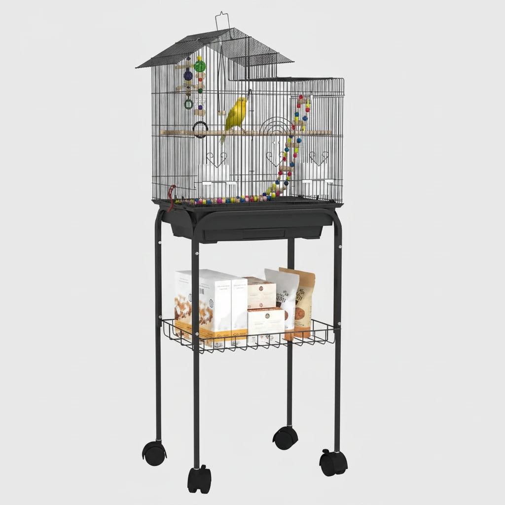 Support pour cage à oiseaux sur roulettes, coloris noir