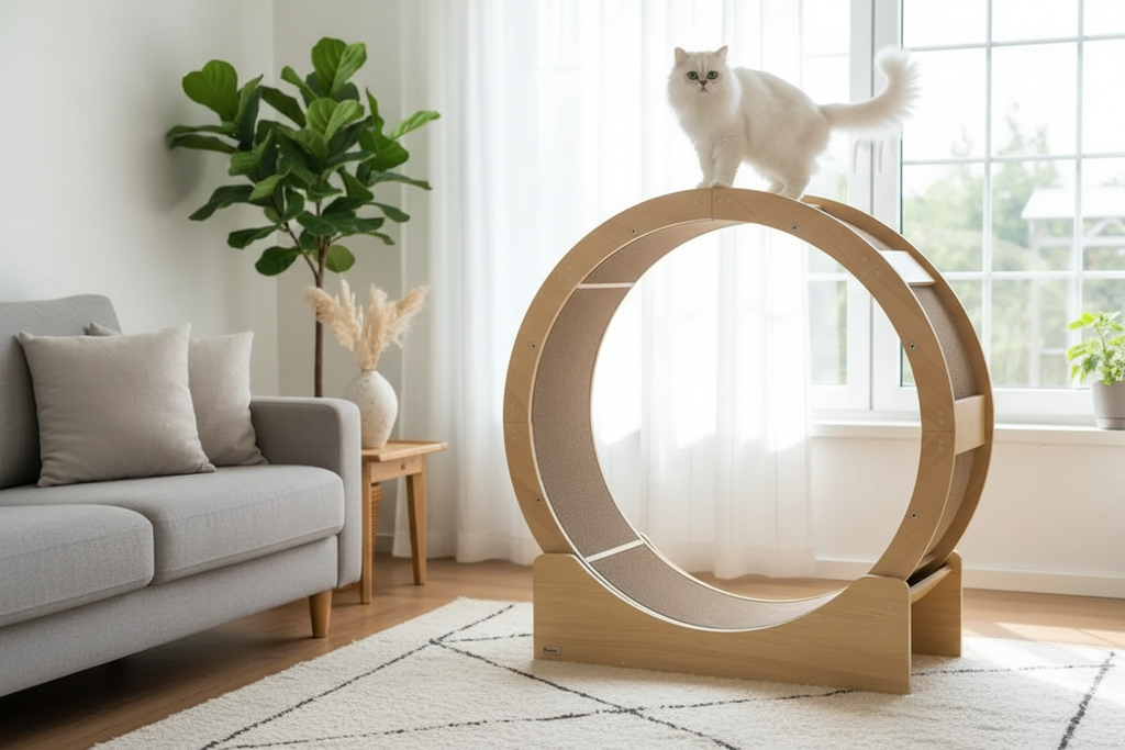 Chat persan près de la roue d'exercice, ambiance déco