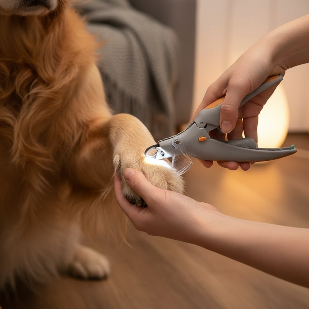 Coupe-griffes gris LED utilisé sur une patte de chien