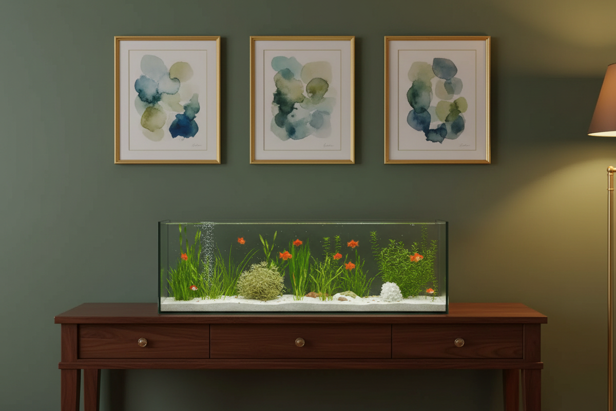 Aquarium en verre avec rangement installé dans un intérieur